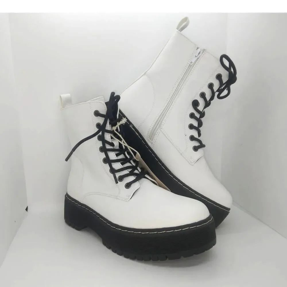 Sincerely Jules NEW Designer Women's White Laceup/Zipper Combat Boots-sz. 8 1/2